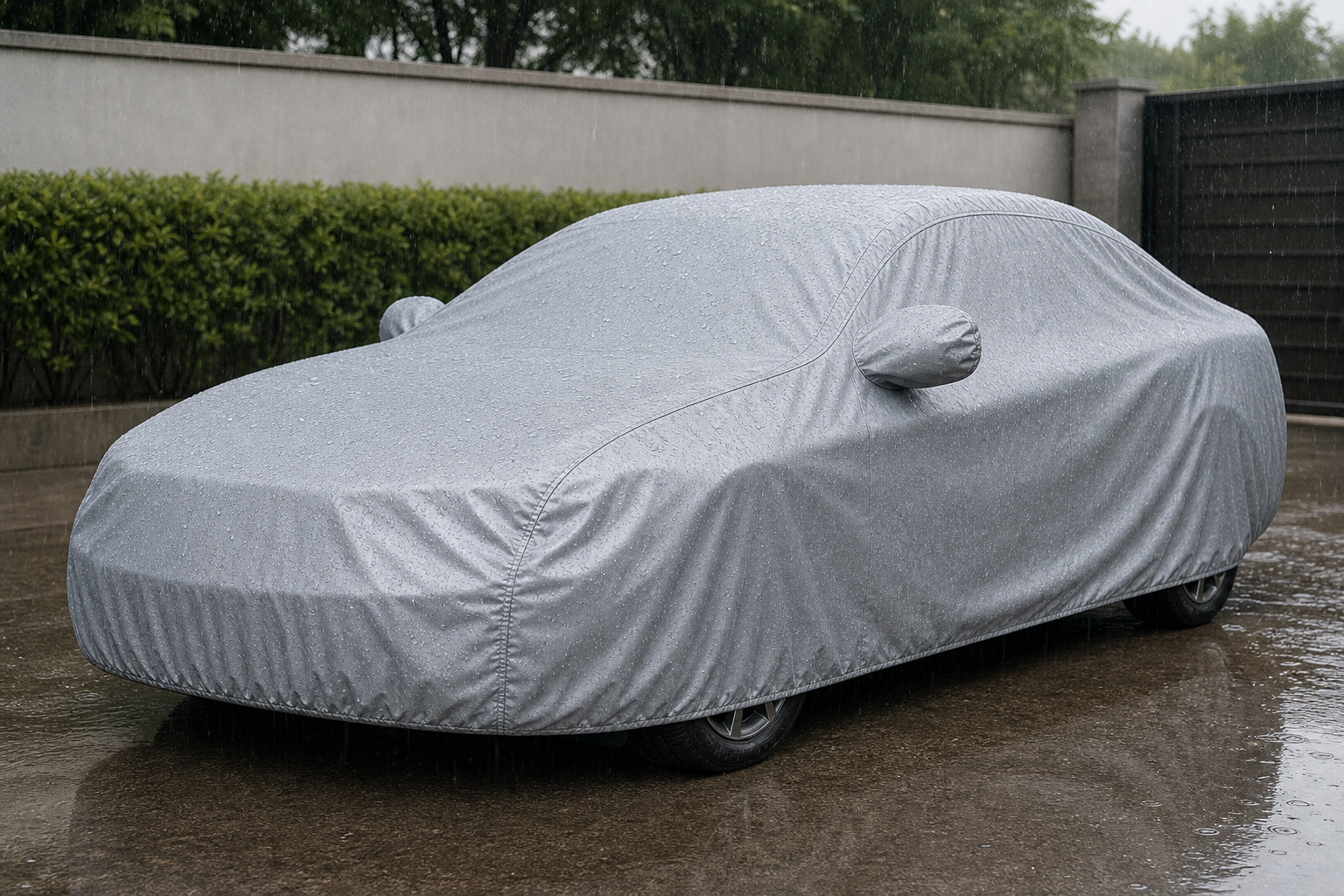 Car cover in rainy outdoor conditions