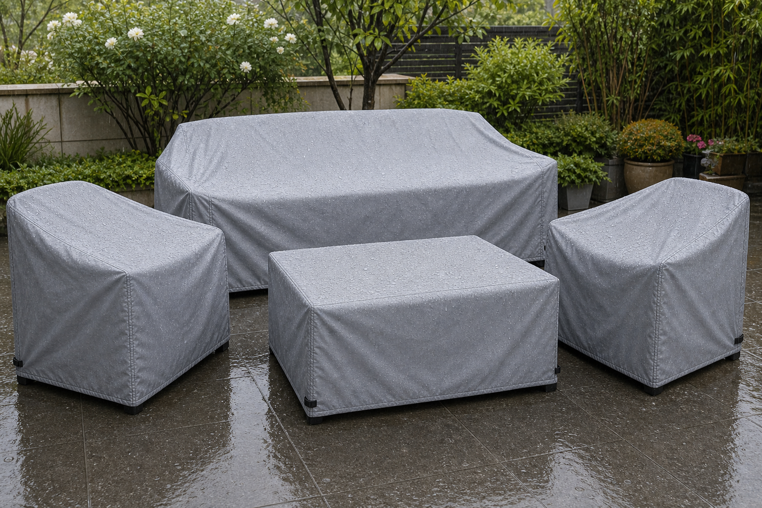 Furniture cover in rainy outdoor conditions