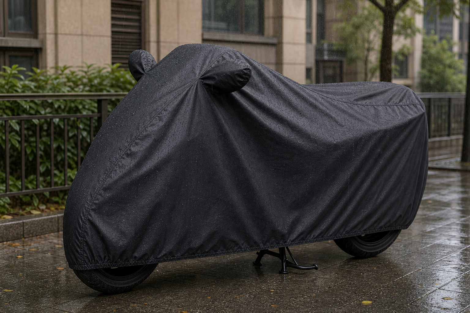 Motorcycle cover in rainy outdoor conditions